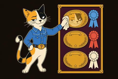 The calico polishing a champion buckle and admiring its reflection
