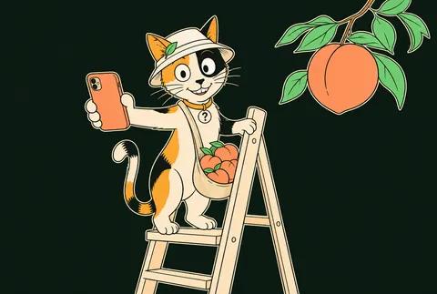 The calico on an orchard ladder holding out a peach